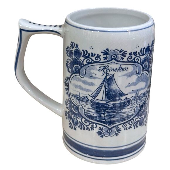 Vtg. Delft Cobalt Blue & White Heineken Beer Stein – Windmill & Sailboat Scene - Picture 2 of 12